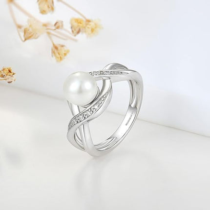 JO WISDOM Women Pearl Ring,925 Sterling Silver Cubic Zirconia Infinity Pearl Ring with 7mm Round White Pearl Ring
