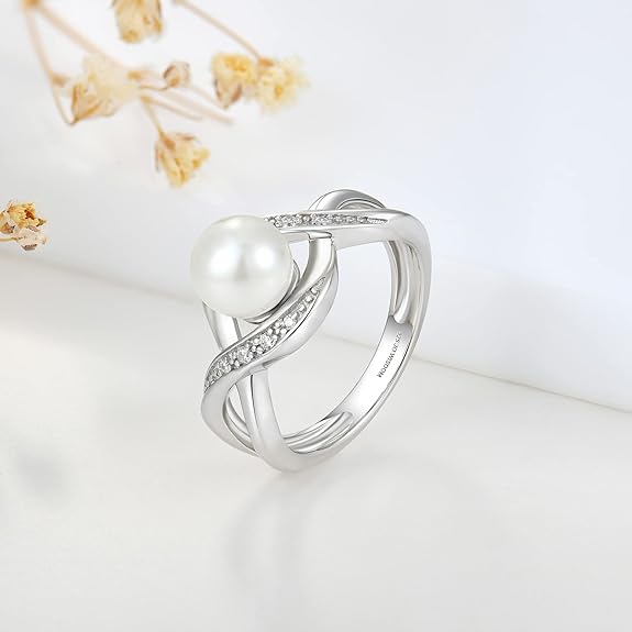 JO WISDOM Women Pearl Ring,925 Sterling Silver Cubic Zirconia Infinity Pearl Ring with 7mm Round White Pearl Ring