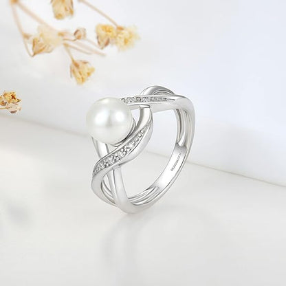 JO WISDOM Women Pearl Ring,925 Sterling Silver Cubic Zirconia Infinity Pearl Ring with 7mm Round White Pearl Ring