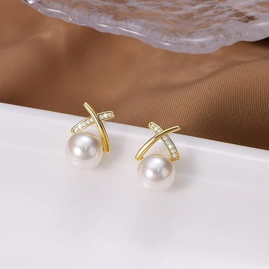 Pearl Earrings for Women 14K Gold Plated Hypoallergenic Pearl Earrings 5A Cubic Zirconia Dangle Earrings Elegant Jewelry