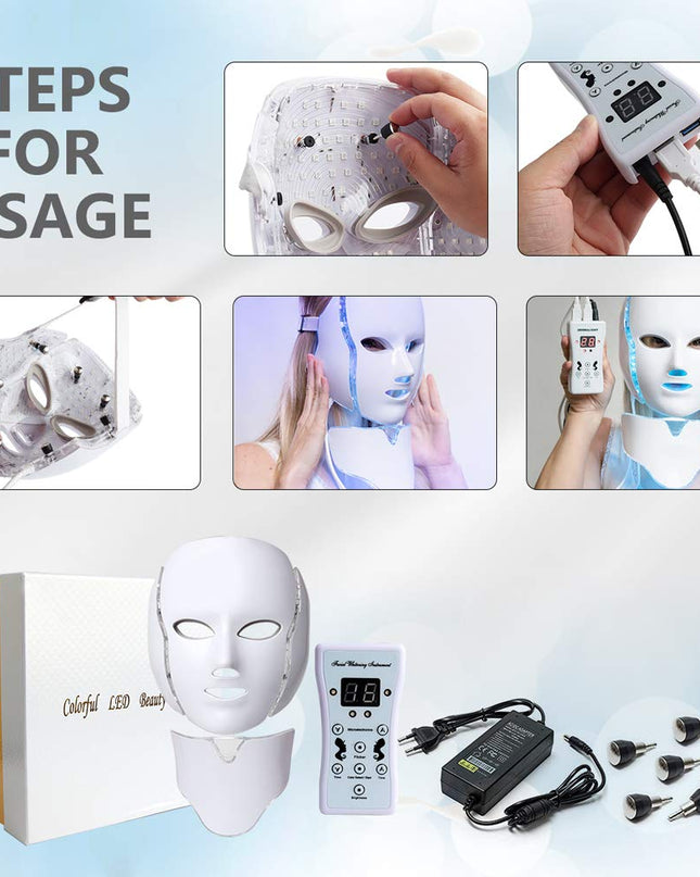 LED Face Mâsk Light Therapy | 7 Color Skin Rejuvenation Therapy LED Photon Mâsk Light Facial Skin Care Anti Aging Skin Tightening Wrinkles Toning Mâsk (For face & neck). (White)