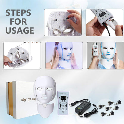 LED Face Mâsk Light Therapy | 7 Color Skin Rejuvenation Therapy LED Photon Mâsk Light Facial Skin Care Anti Aging Skin Tightening Wrinkles Toning Mâsk (For face & neck). (White)