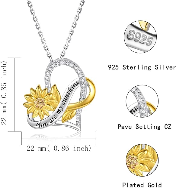 APOTIE You Are My Sunshine Necklace Sterling Silver Infinity Cross Heart Sunflower Pendant Flower Inspirational Jewelry Gift for Mom Daughter Wife Women