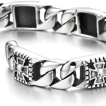 COOLSTEELANDBEYOND Mens Stainless Steel Curb Chain Bracelet with Cross and Skull, Biker Gothic, Vintage Polished