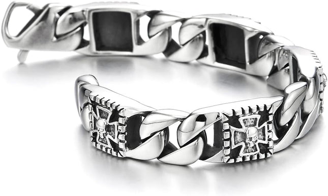 COOLSTEELANDBEYOND Mens Stainless Steel Curb Chain Bracelet with Cross and Skull, Biker Gothic, Vintage Polished