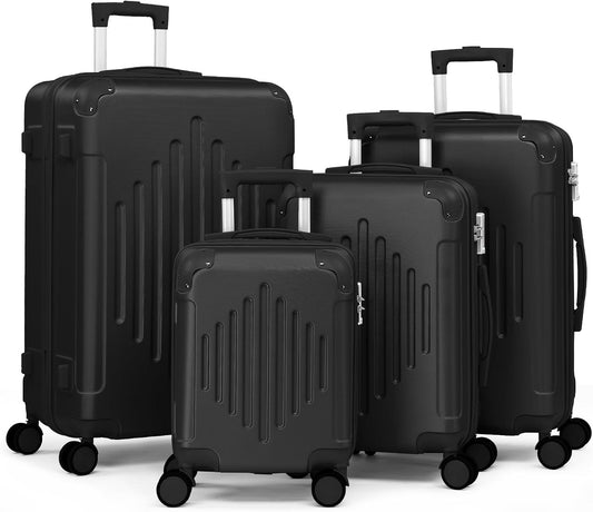 Karl home Luggage Set 4 Piece Suitcase Sets with TSA Lock Moulded Corner 4 Spinner Wheels, ABS Hardside Trolley Travel Case for Carry On Check-in Business Trip, Black (16/20/24/28)