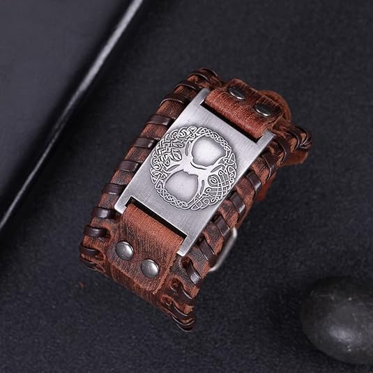 HAQUIL Viking Wiccan Egytian Black Brown Wide Leather Wristband Bracelet Ancient Medieval Jewelry Gift for Men