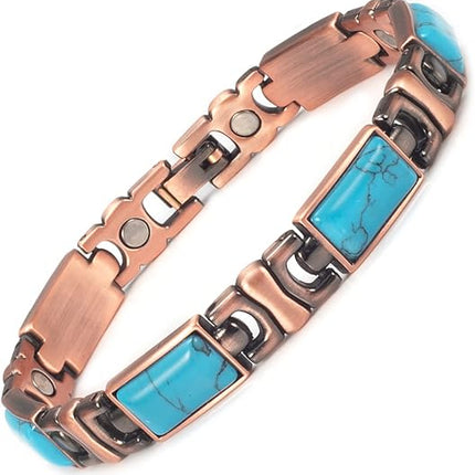 Wollet Women Magnetic Bracelet, Turquoise Pure Copper Bracelet for Women Magnetic Carpal Tunnel Women Adjustable Bracelet (Blue Turquoise