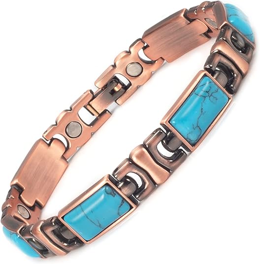 Wollet Women Magnetic Bracelet, Turquoise Pure Copper Bracelet for Women Magnetic Carpal Tunnel Women Adjustable Bracelet (Blue Turquoise