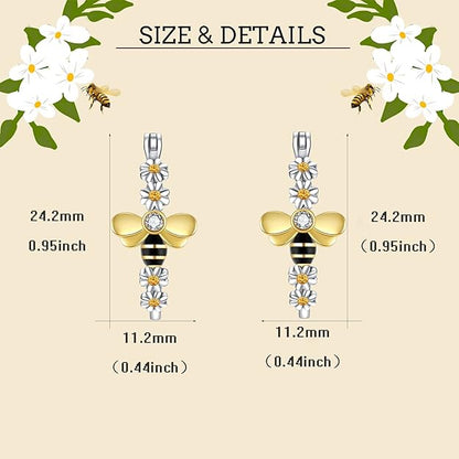 Honey Bee Earrings Daisy Bee Hoop Earrings Bee and Flower Earrings - 925 Sterling Silver Animal Daisy Earrings Jewelry For Teen Women