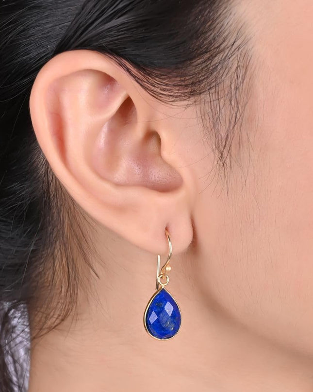 Gempires Handmade Teardrop Dangle Earrings Blue Lapis Lazuli Crystal Jewelry Hypoallergenic Gold Plated September Birthstone Earrings For Women