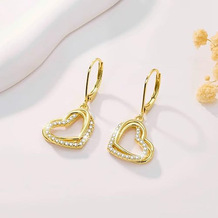 925 Sterling Silver Heart Earrings for Women, 14K Gold Plated Cubic Zirconia Dangle Earrings, Leverback Hypoallergenic Drop Earings for Women, Valentine's Day Gifts