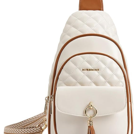 Missnine Sling Bag for Women Quilted PU Leather Fanny Pack Crossbody Bags Trendy Chest Bag Hiking Cycling Travel with Tassel