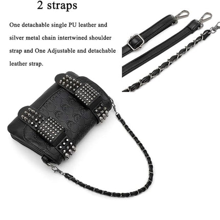 Women Punk Skull Shoulder Top-Handle Bag Goth Rivet Purse Handbag PU Leather Chain Satchel Tote Black