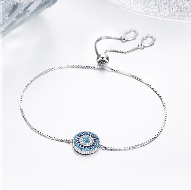 BISAER 925 Sterling Silver Blue Evil Eye Bracelet with Cubic Zirconia Hamsa Adjustable Chain Bracelets for Women