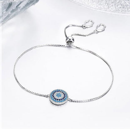 BISAER 925 Sterling Silver Blue Evil Eye Bracelet with Cubic Zirconia Hamsa Adjustable Chain Bracelets for Women