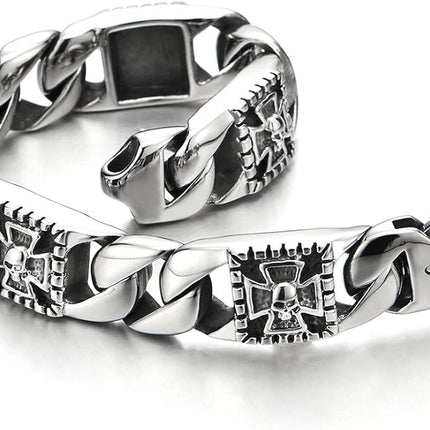 COOLSTEELANDBEYOND Mens Stainless Steel Curb Chain Bracelet with Cross and Skull, Biker Gothic, Vintage Polished