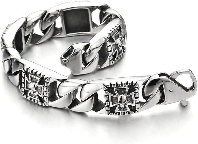 COOLSTEELANDBEYOND Mens Stainless Steel Curb Chain Bracelet with Cross and Skull, Biker Gothic, Vintage Polished