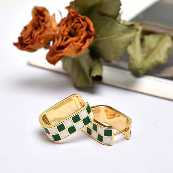 Dainty Checkered Oval Hoop Earrings,18K Gold Filled Enamel Oval Hoop Earrings,For Women Checker Chunky Oval Hoop Earrings,Hypoallergenic Earrings