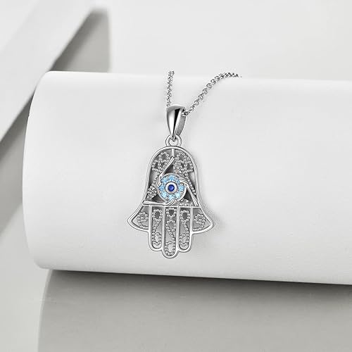 YAFEINI Hamsa Hand Evil Eye Necklace 925 Sterling Silver I Love You Necklace 100 Languages Projection Pendant Necklace for Women