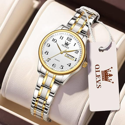 OLEVS Women's Watch Gold Diamond Classic Elegant Dress Wrist Watch Stainless Steel Waterproof Day Date