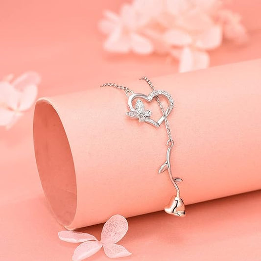 Distance S925 Sterling Silver Rose Flower Necklace, Rose Bracelet, Two-Tone Cross Pendant Necklaces for Women Girls Gift for Valentine Birthday Christmas Mother Day