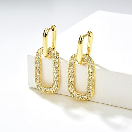 Gold Earrings for Women Trendy, Simple Dainty 14K Gold Plated Paperclip Square Chain Link Dangle Hoops Earrings Pin Stud Huggie Earrings Lightweight Hypoallergenic Minimalist Aesthetic Gold Jewelry for Women Teen Girls Christmas Gifts