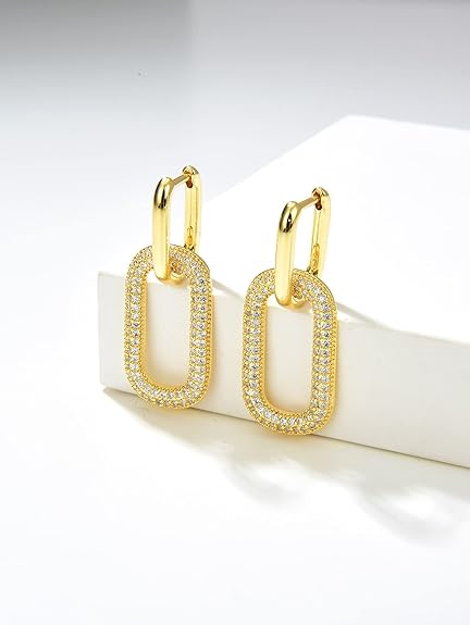 Gold Earrings for Women Trendy, Simple Dainty 14K Gold Plated Paperclip Square Chain Link Dangle Hoops Earrings Pin Stud Huggie Earrings Lightweight Hypoallergenic Minimalist Aesthetic Gold Jewelry for Women Teen Girls Christmas Gifts