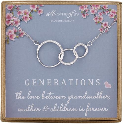 Generations Necklace for Grandma Gift - Sterling Silver Infinity 3 Circle CZ Necklace Mom Granddaughter Grandson Mothers Day Jewelry Birthday Gifts
