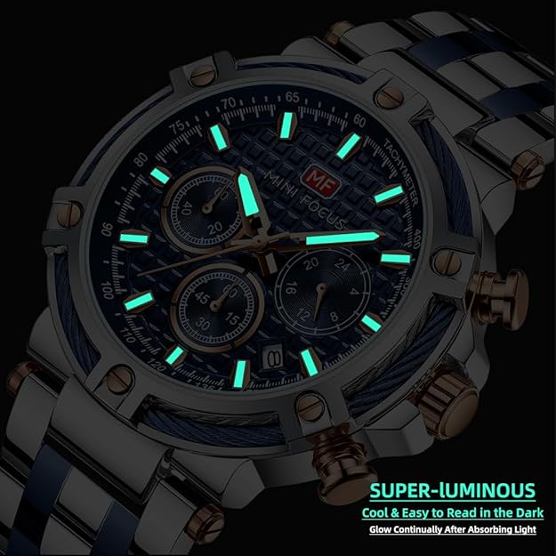 MF MINI FOCUS Business Men Watches (Chronograph/Waterproof/Luminous/Calendar/24 Hours) Big Face Stainless Steel Band Watches for Men