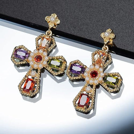 Colorful Crystal Cross Dangle Stud Earrings for Women Girls 14K Gold Plated CZ Rhinestone Pearl Dangling Charm Drop Earrings Statement Studs Boho Fashion Jewelry Gifts