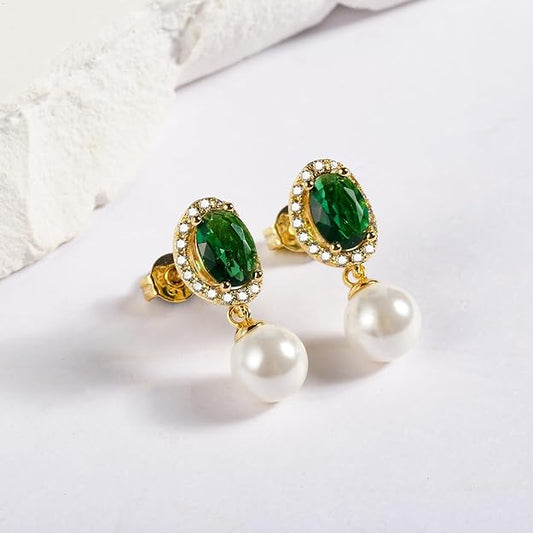 Emerald Crystal Earrings Pearl Drop Dangle Earring 14k Gold Plated Stud Huggie Earrings Vintage Long Short Jewelry Gifts