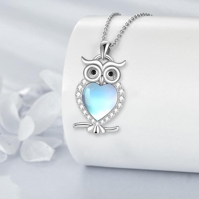 WINNICACA Owl Necklace Sterling Silver Owl Jewelry Blue Stone Abalone Shell Moonstone Owl Pendant Owl Gifts for Women Girls Birthday Christmas