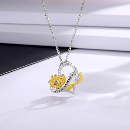 APOTIE You Are My Sunshine Necklace Sterling Silver Infinity Cross Heart Sunflower Pendant Flower Inspirational Jewelry Gift for Mom Daughter Wife Women