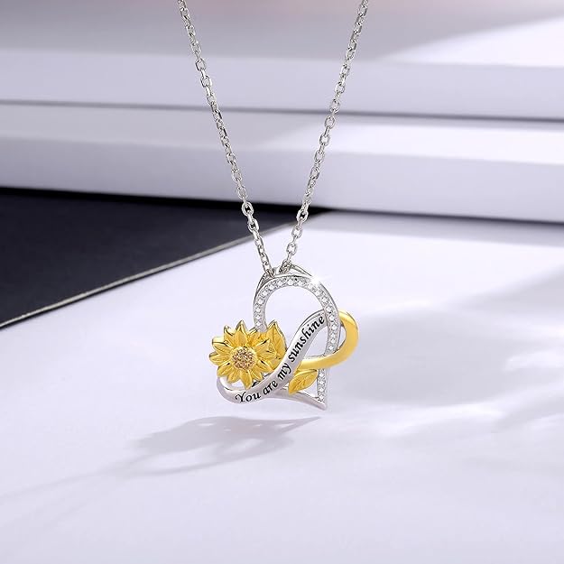APOTIE You Are My Sunshine Necklace Sterling Silver Infinity Cross Heart Sunflower Pendant Flower Inspirational Jewelry Gift for Mom Daughter Wife Women