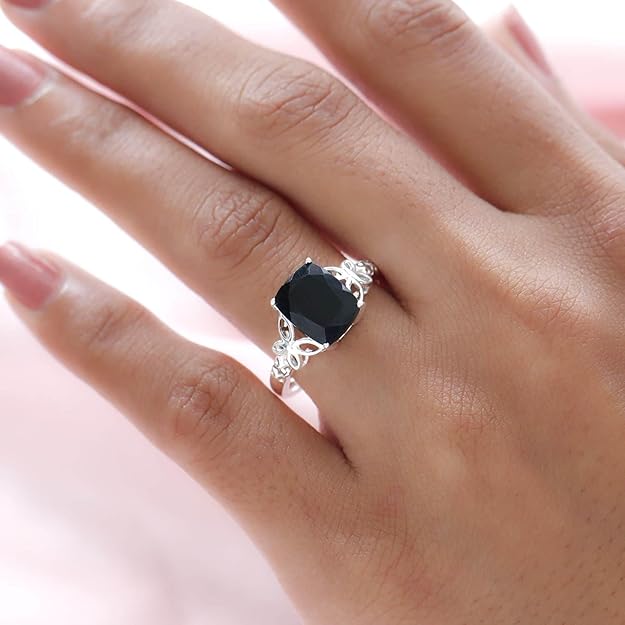 Black Tourmaline Ring in 925 Sterling Silver - October Birthstone Rings for Women - Engagement Promise Floral Statement Vintage Solitaire Tourmaline Jewelry Size 6