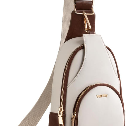 Small Sling Bag for Women PU Leather Trendy Crossbody Chest Bag Fanny Pack, White and Brown