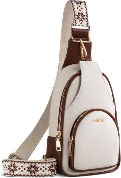 Small Sling Bag for Women PU Leather Trendy Crossbody Chest Bag Fanny Pack, White and Brown