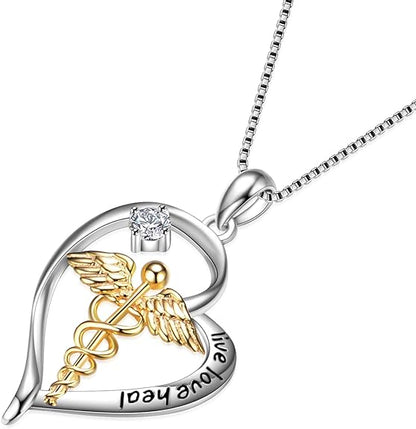 YFN 925 Sterling Silver Caduceus Angel Nursing Themed Pendant Necklace 18"