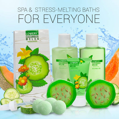 Christmas Gifts, Home Spa Bath Basket Gift Set - Aromatherapy Kit for Men & Women - Natural Cucumber with Organic Melon - 12 Piece Skin Care Set Includes 2 Organic Melon Soaps, Body Lotion & More