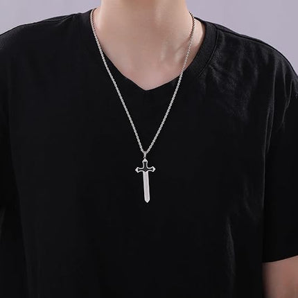 Inspirational Sword Necklace/Evil Eye Necklace,Amulet Pendant Necklace with Stainless Steel,Talisman Necklace,Spiritual and Strength Jewelry for Men Women with 24+2" inch Rope Chain