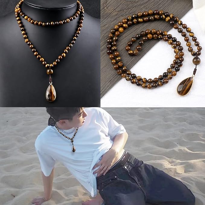 108 Mala Beads Necklace, 8mm Natural Tiger Eye Stone Bead Necklace 108 Hand Knotted Japa Mala Beaded Necklace with Stone or Tassel Pendant for Men Women