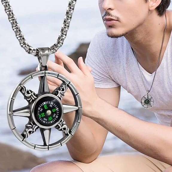 Jemant Compass Necklace For Men Silver Stainless Steel Chain Viking Goth Vintage Engraved Pattern Round Compass Pendant Necklace Non Tarnish Waterproof Jewelry For Navy Sailors