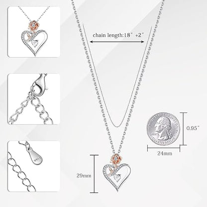 Desimtion Sterling Silver Heart Rose Necklaces for Women,Birthday Valentine's Day Jewelry Gifts for Her Girlfriend Wife Mom