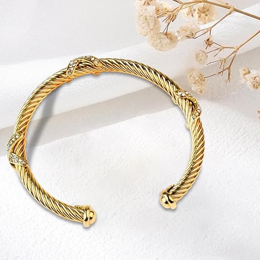 Cuff Bracelets for Women 4.5mm Thin Twisted Cable Wire Bangle - Adjustable Stainless Steel Bangle Bracelet Designer Inspired Jewelry