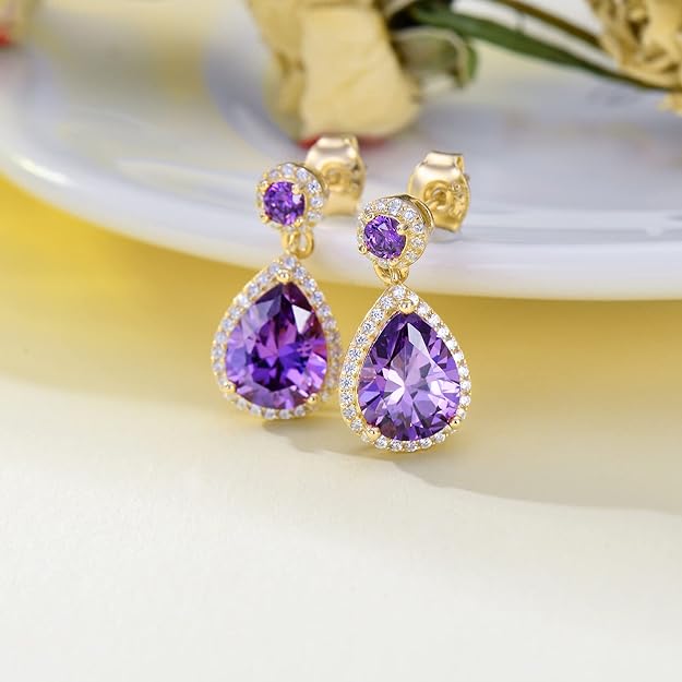 TOUPOP Birthstone Teardrop Stud Earrings for Women 14k Gold Plated Sterling Silver Dangle Earrings Jewelry Birthday Gifts for Mom Girls Her