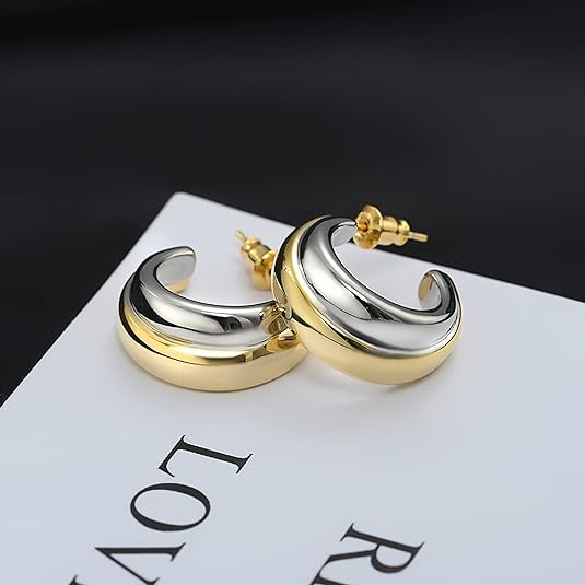 Two Tone Hoop Earrings for Women, 925 Sterling Silver Post 18K Plated Gold Silver Dangle Statement Earrings