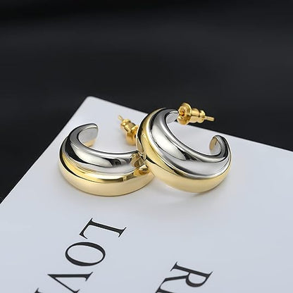 Two Tone Hoop Earrings for Women, 925 Sterling Silver Post 18K Plated Gold Silver Dangle Statement Earrings