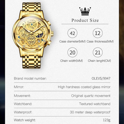 OLEVS Skeleton Watch Men Luxury Analog Mens Watches Large Face Waterproof Dress Watches for Men Diamond Chronograph Stainless Steel Men's Wrist Watch Reloj para Hombre Gold