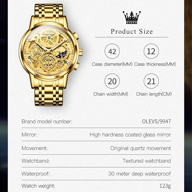 OLEVS Skeleton Watch Men Luxury Analog Mens Watches Large Face Waterproof Dress Watches for Men Diamond Chronograph Stainless Steel Men's Wrist Watch Reloj para Hombre Gold